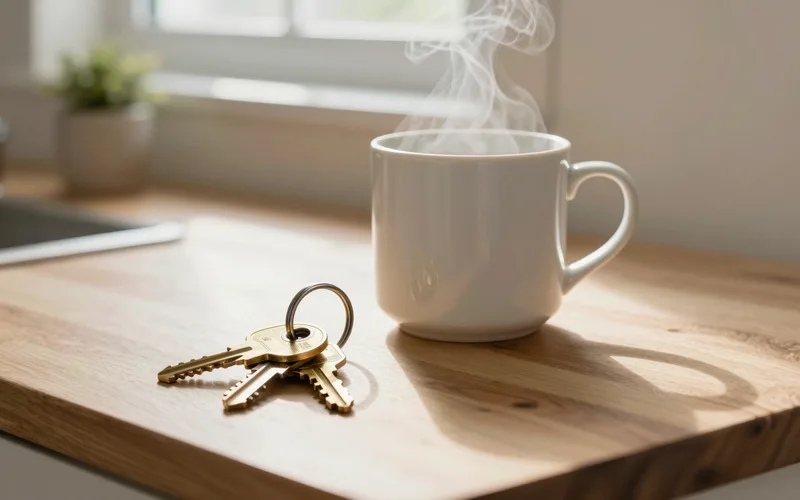Apartment keys on a kitchen counter next to a coffee mug